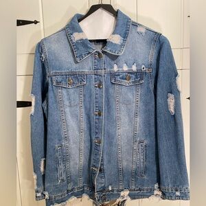 American Bazi denim jacket. Intentionally distressed design. Open chain back. L